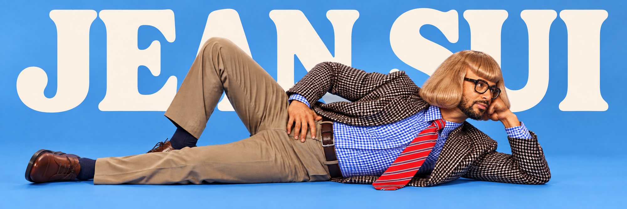 Jean Sui, lying on the floor in front of his own name. Casually.